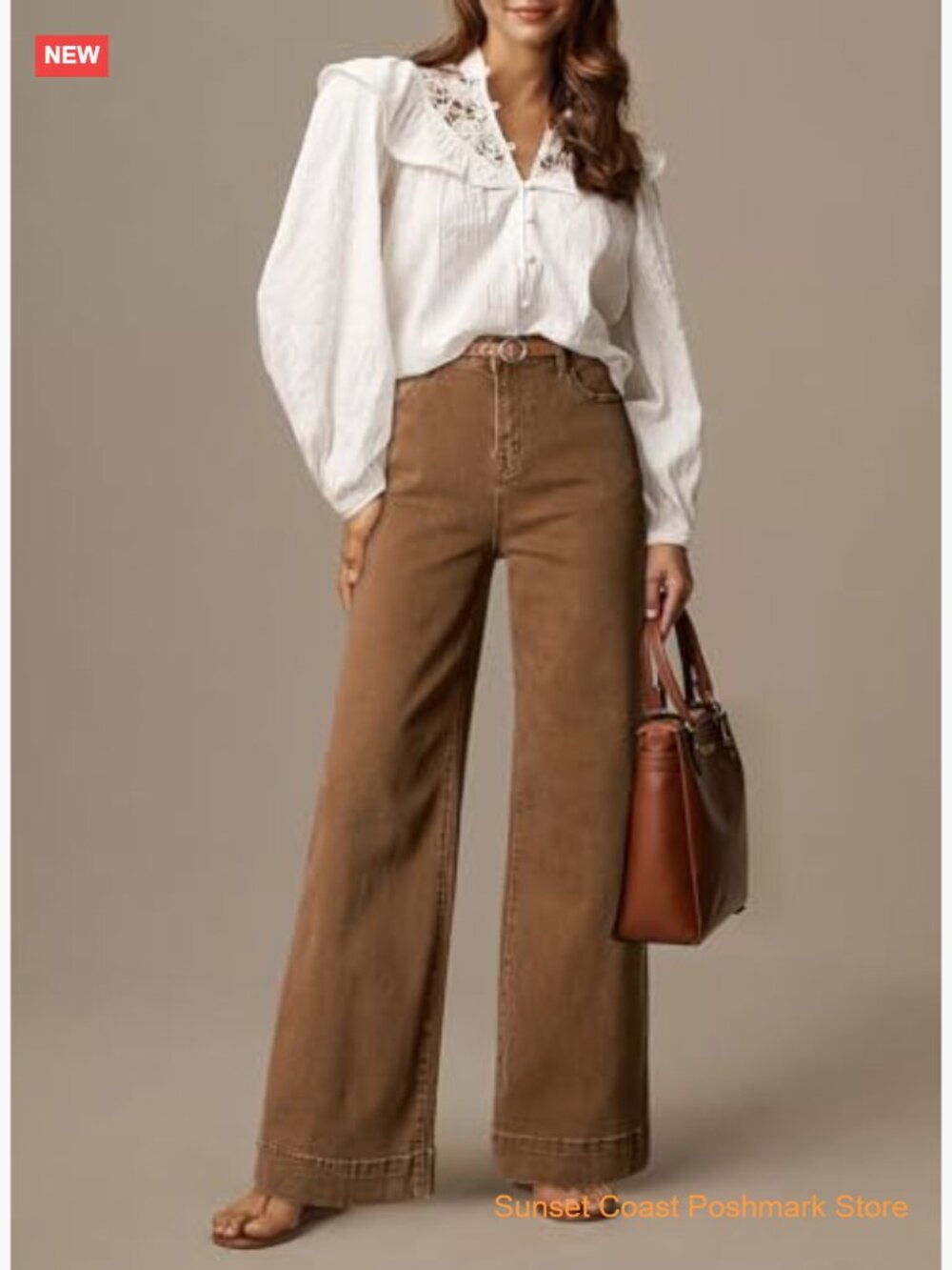 High Waisted Wide Leg Stretch Denim Pants with Pockets - Picture 3 of 7
